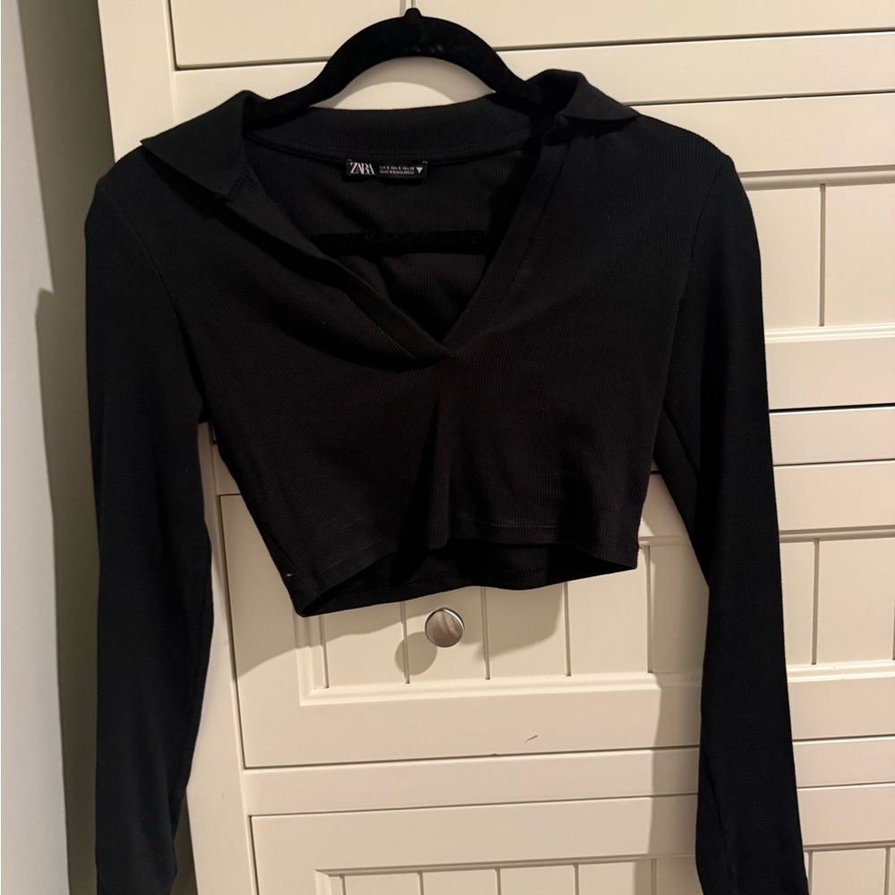 Zara Black V-Neck Long Sleeve Crop Top